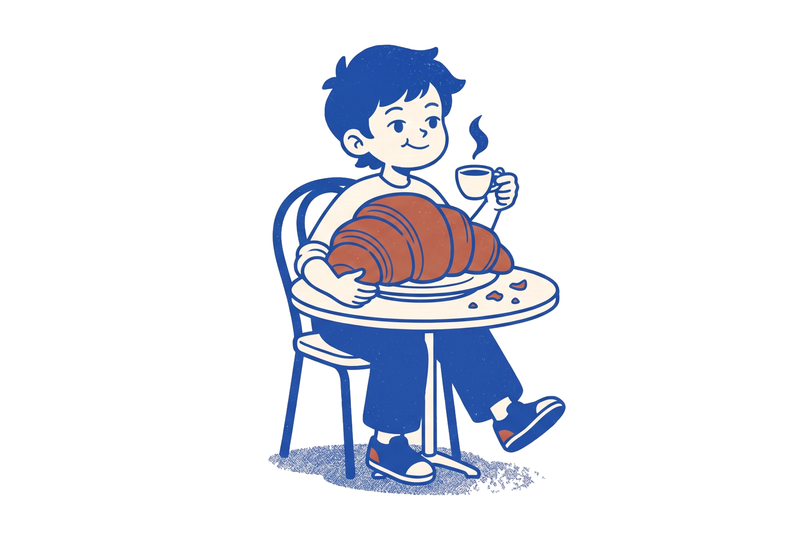 Notre personnage assis au bistrot, derrière un croissant démesuré, une tasse de café à la main.