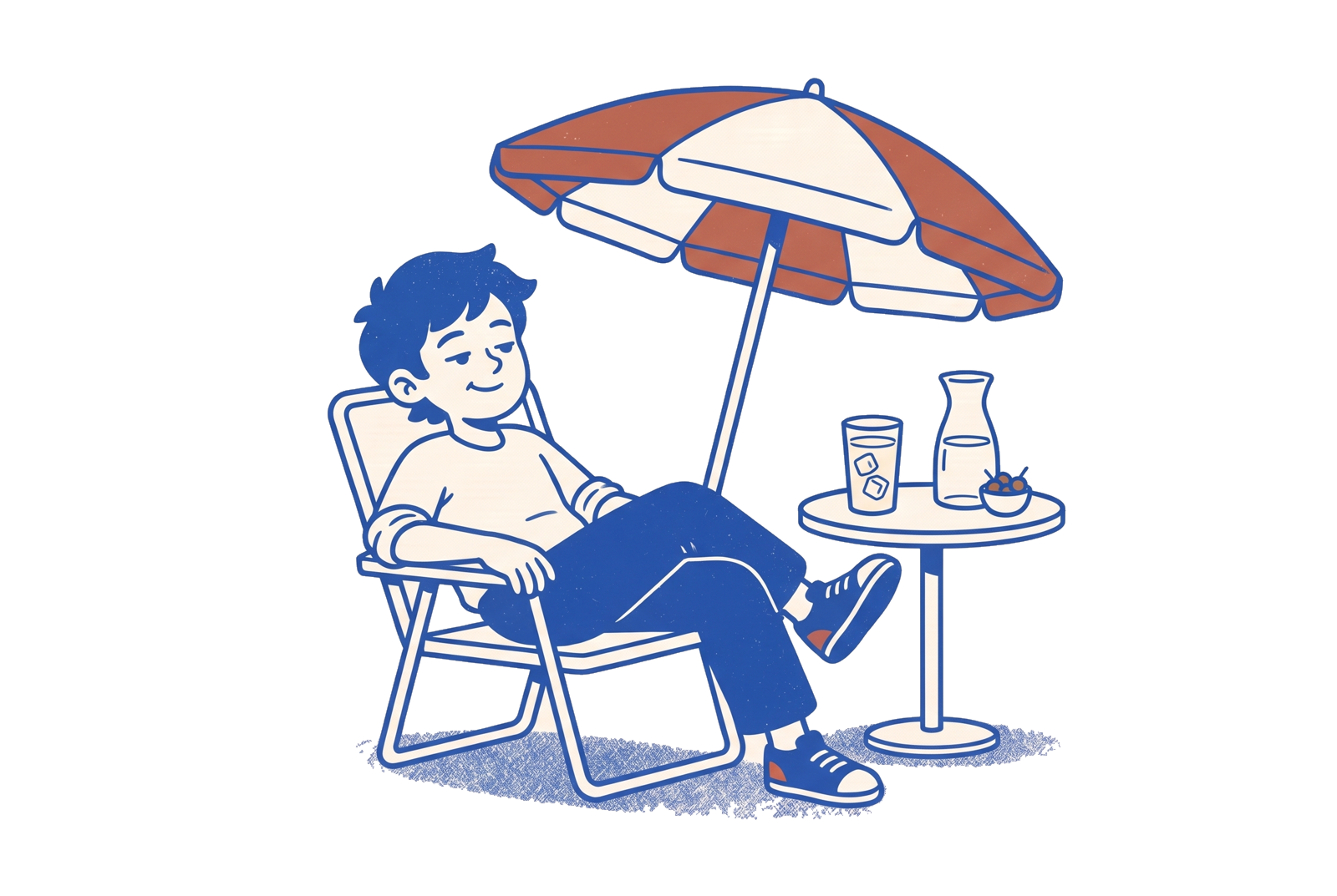 Le personnage se détend sous un parasol ocre, les jambes croisées, près d’un verre et d’une carafe.