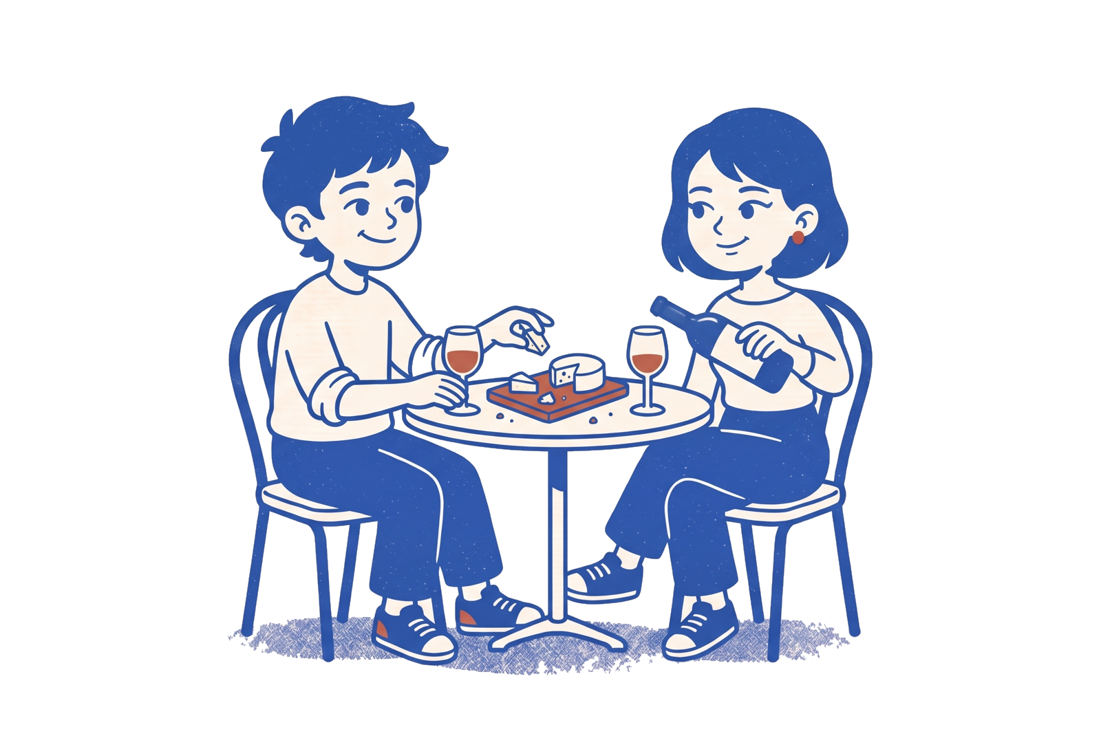 Les deux amis prolongent leur repas autour d’un fromage entamé et de deux verres.