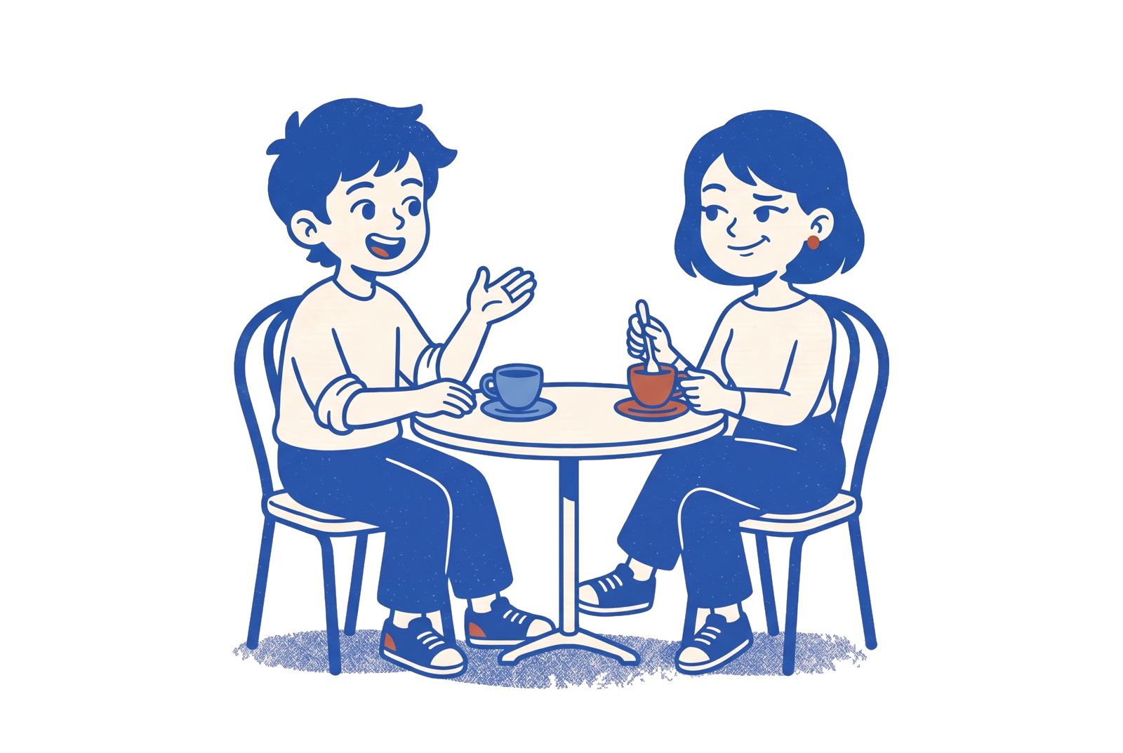 Deux amis discutent autour d’une table de café, l’un gesticule et l’autre remue sa tasse.